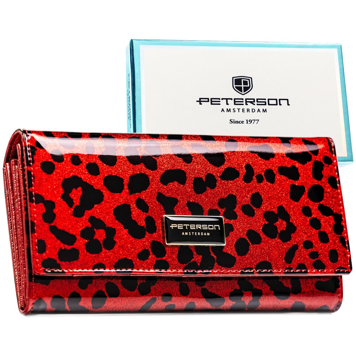 Portfel damski skórzany PETERSON duży rozbudowany na karty elegancki lakierowany RFID modny na prezent czerwony