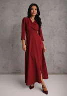 Sukienki - Bordowa Elegancka Sukienka o Kopertowym Kroju Zdobiona Aplikacją w Talii Zilendra - miniaturka - grafika 1