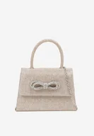 Torebki damskie - Szampańska Brokatowa Torebka Wieczorowa z Rączką Łańcuszkiem i Aplikacją z Kokardą Esslia - miniaturka - grafika 1