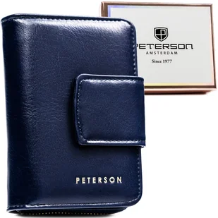 PETERSON Mała granatowa portmonetka damska na zatrzask i suwak portfel ze skóry ekologicznej karty gotówka pionowy pudełko prezentowe ochrona RFID S.. - Portfele - miniaturka - grafika 1