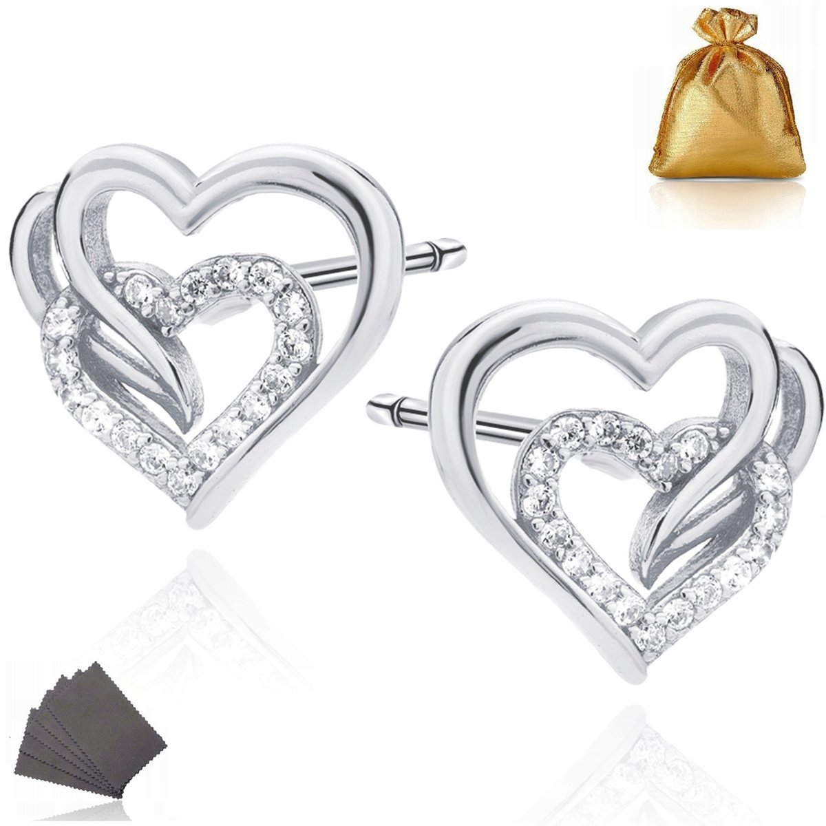 Piękne Srebrne Kolczyki Damskie Serca Serduszka Wkrętki Próba 925 Rodowane