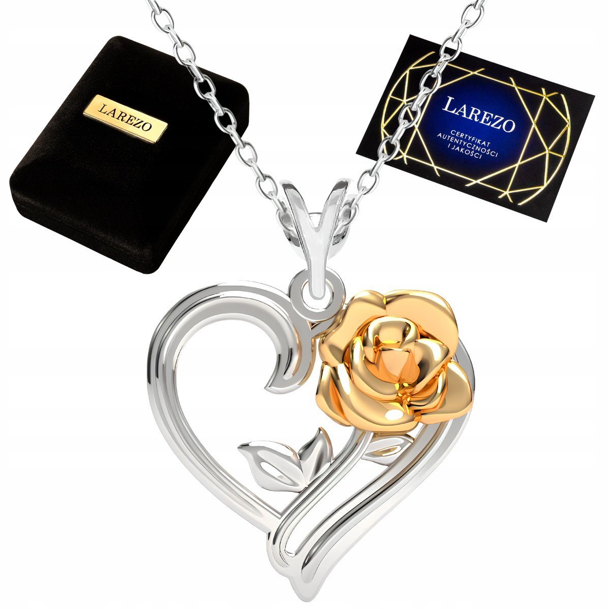 Naszyjnik Srebrny 925 Serce z Pozłacaną Różą Serduszko Kwiat Złota Róża