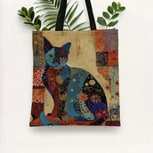 Torby i wózki na zakupy - Torba shopperka beżowa kolorowy kot retro vintage 90s y2k śmieszny prezent - miniaturka - grafika 1