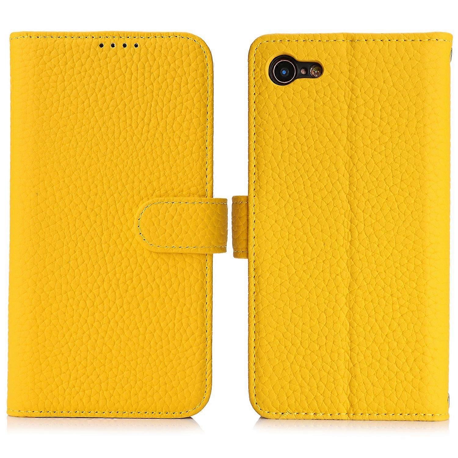 Dla iPhone SE (2022) (2020) 8 7 Stand Case Litchi Texture Prawdziwy portfel ze skóry bydlęcej Pokrowiec na telefon RFI Żółty Yellow