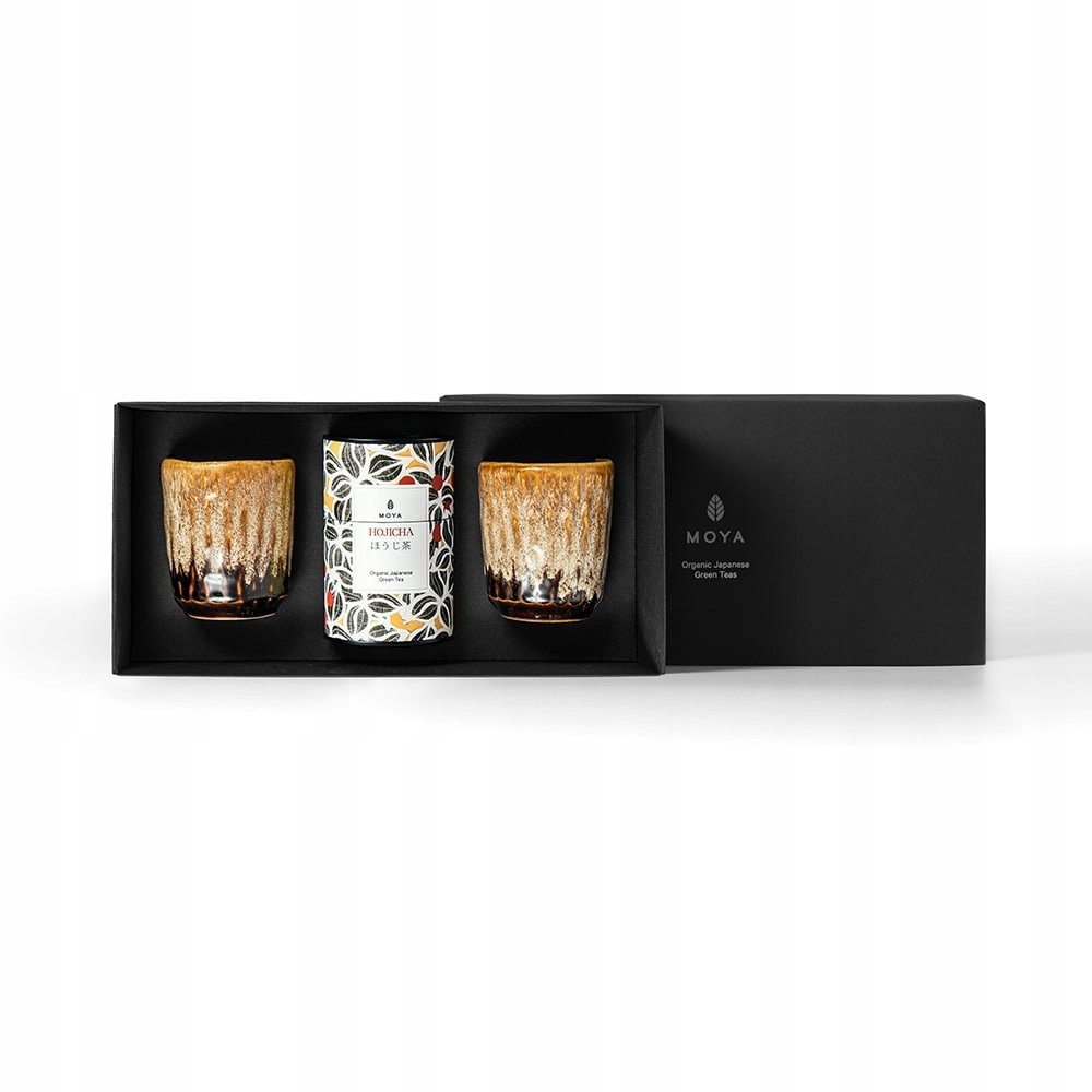 Zestaw prezentowy organiczna zielona herbata Moya Hojicha i 2 kubki Kanpai