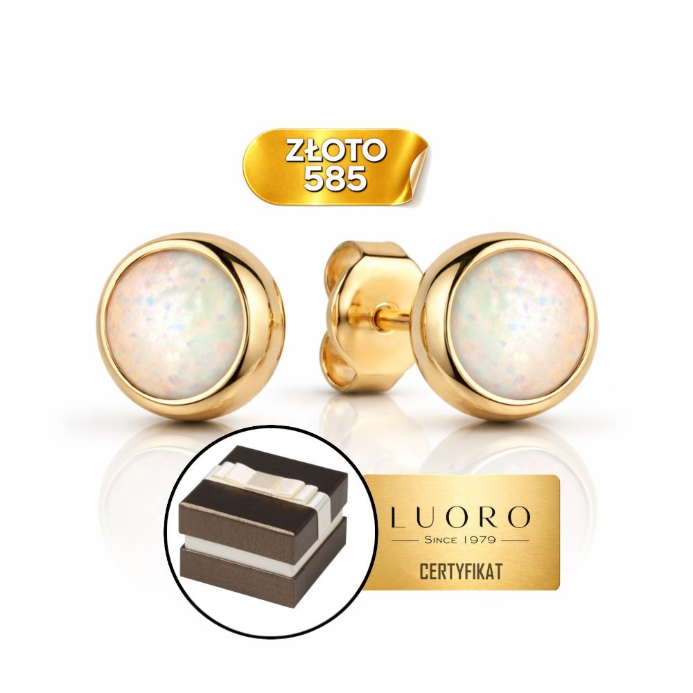 KOLCZYKI ZŁOTE 585 14K OPAL KÓŁKO 7 MM SZTYFT ELEGANCKIE KLASYczne