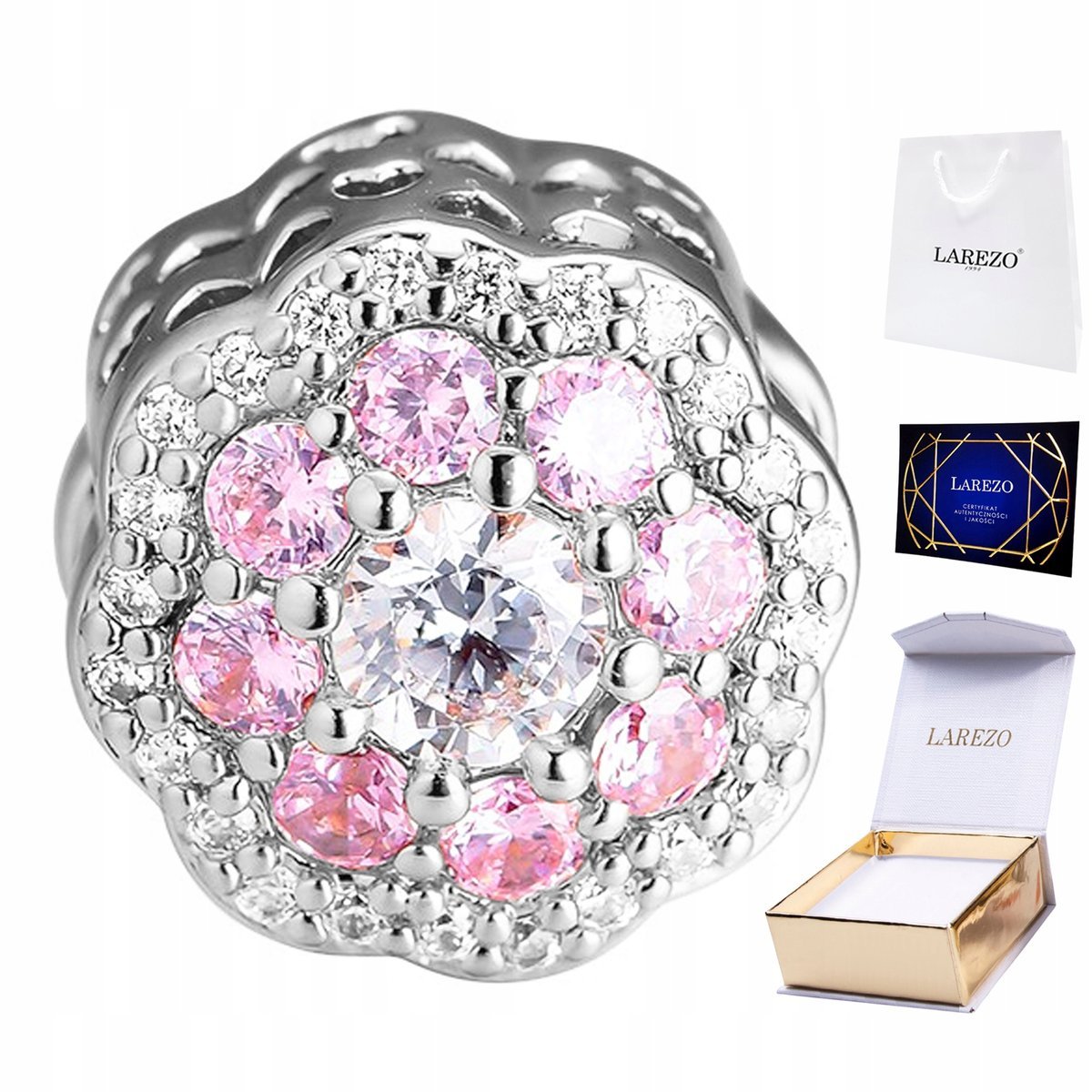 CHARMS SREBRNY Kwiat Flower Różowe Cyrkonie Kwiatek Natura SREBRO 925