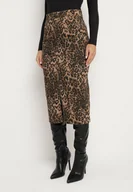 Spódnice - Brązowa Panterkowa Spódnica z Bawełny z Wysokim Stanem Ozdobiona Rozcięciem na Nogę Haritana - miniaturka - grafika 1