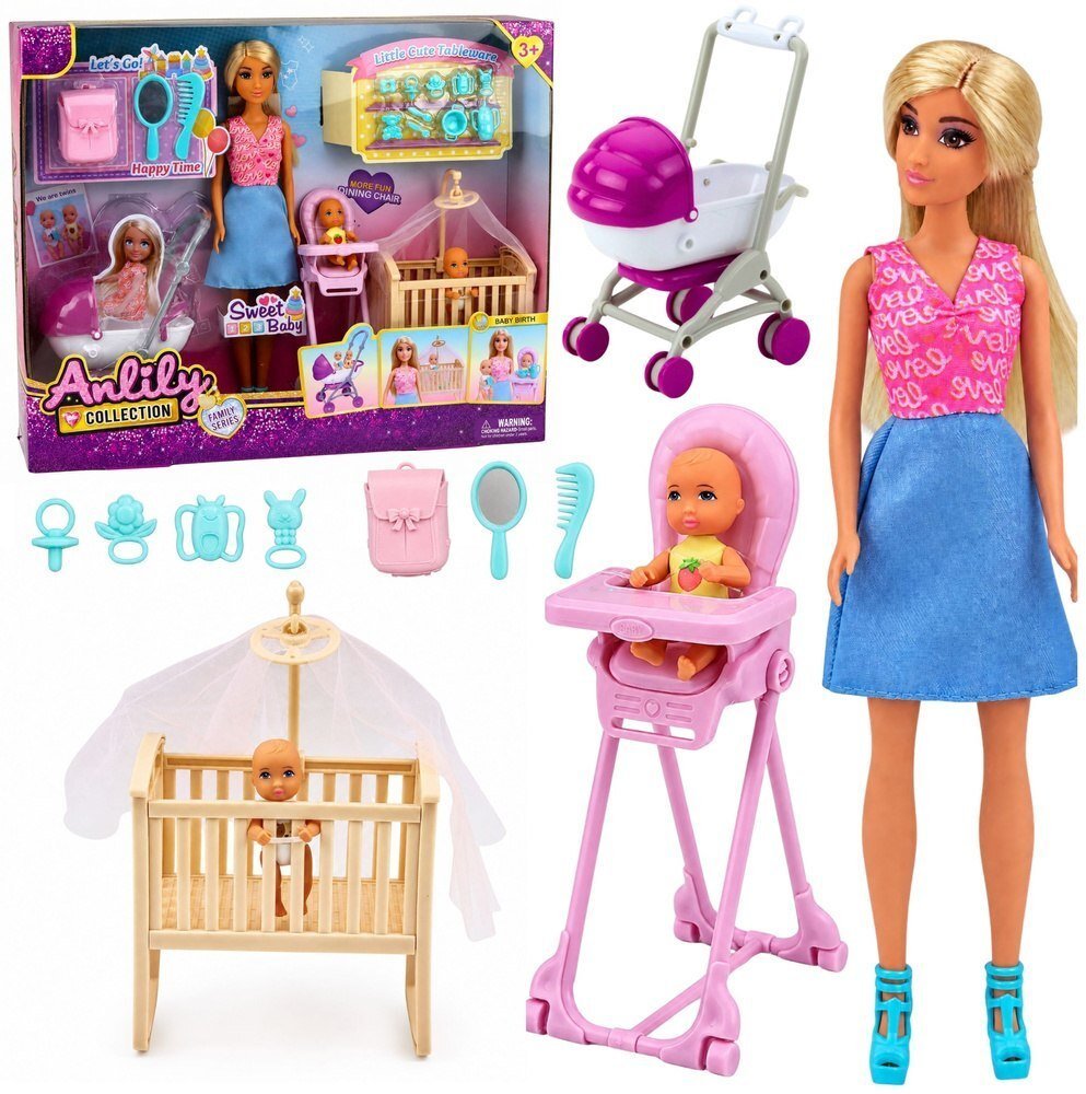 LeanToys Zestaw Lalka Anlily Mama z Dziećmi Niemowlęta Bliźniaki Akcesoria