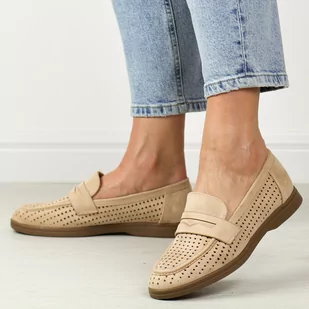 Beżowe ażurowe zamszowe mokasyny damskie Vinceza 17281 - Mokasyny damskie - miniaturka - grafika 1