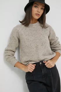 Swetry damskie - Superdry sweter wełniany damski kolor beżowy ciepły z półgolfem - grafika 1