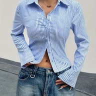 Koszule damskie - TEMU Koszula Damska w Paski z Długim Rękawem i Elegancką Koszulą - Nieprześwitująca Tkanina, Wstążkowy Kołnierzyk na Guziki, Nadruk Biało-Niebieski, - miniaturka - grafika 1