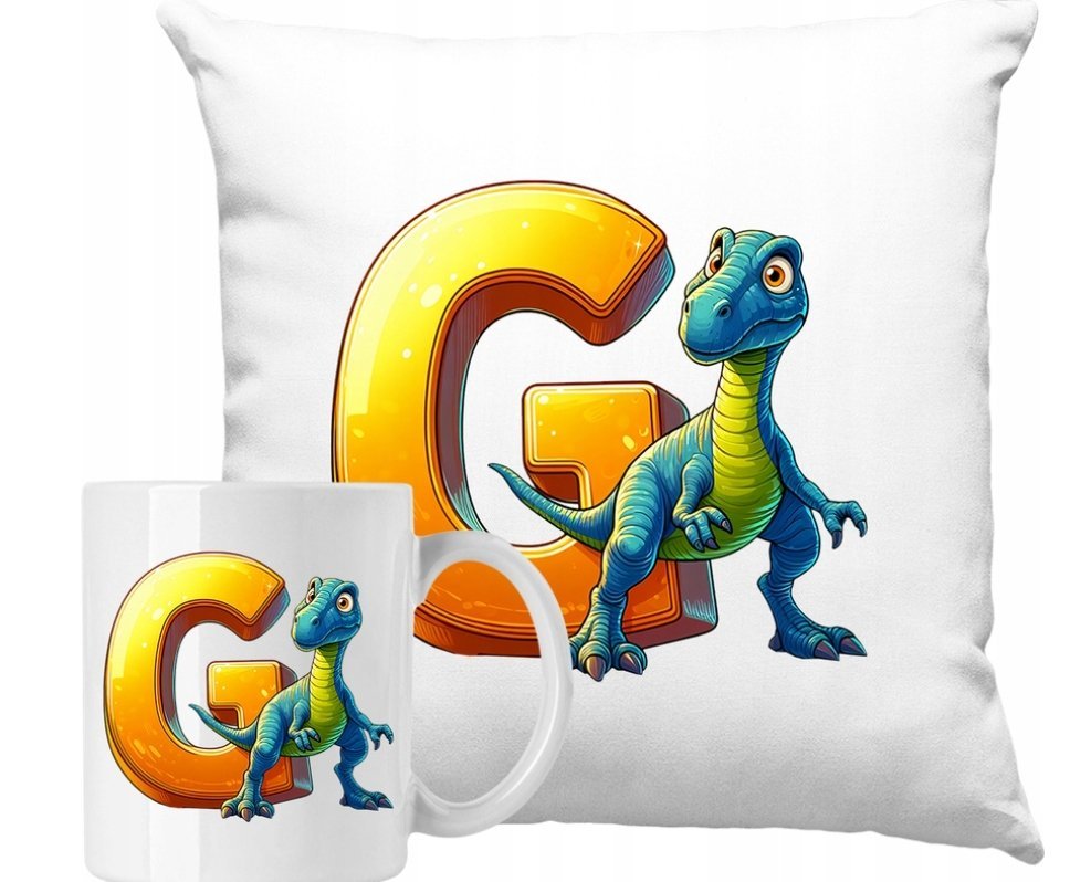 ZESTAW PODUSZKA + KUBEK Dino Dinozaur Litera G Alfabet Pomysł Na Prezent
