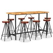 Stoły z krzesłami - vidaXL 9-cz. zestaw mebli barowych, drewno akacjowe, skóra i płótno - miniaturka - grafika 1
