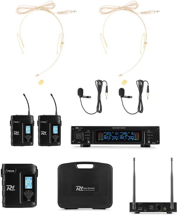 Zestaw mikrofonowy nagłowny 2x 80-kanałowy UHF PD220B Power dynamics one size