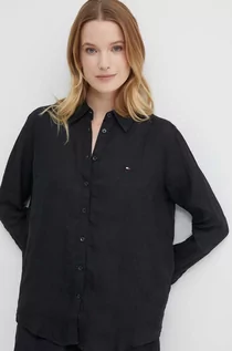 Koszule damskie - Tommy Hilfiger koszula lniana kolor czarny relaxed z kołnierzykiem klasycznym WW0WW42037 - grafika 1