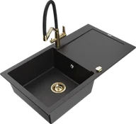 Zlewozmywaki z baterią - Mexen Leo zlewozmywak granitowy 1-komorowy z ociekaczem i baterią kuchenną Duo, czarny/srebrny metalik - 6501-73-671701-57-G - miniaturka - grafika 1