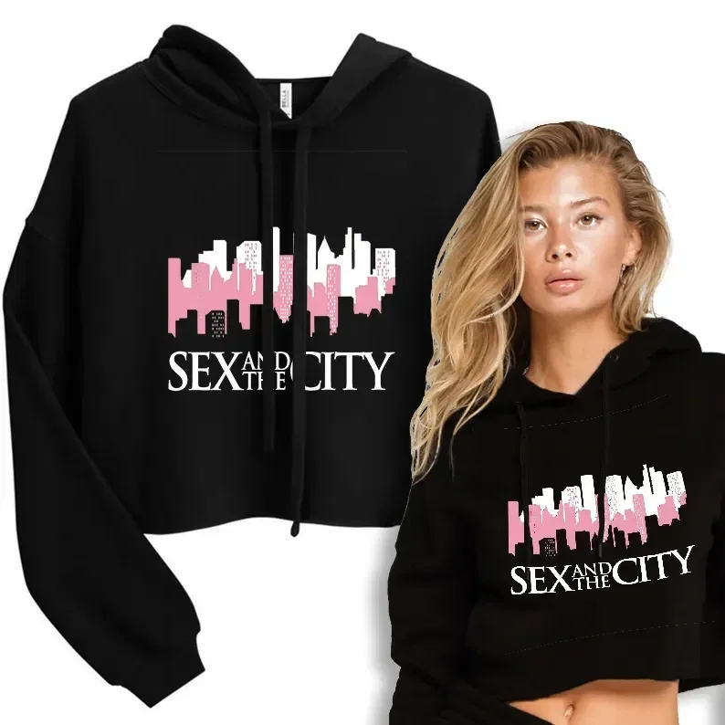 Bluza Damska Czarna Cropp Z Kapturem SEX AND THE CITY Wzory Rozm L