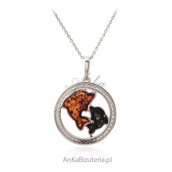ankabizuteria.pl Srebrna zawieszka z bursztynem i cyrkoniami DELFINKI