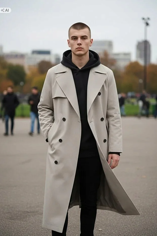 KLASYCZNY PŁASZCZ MĘSKI BEŻOWY GŁADKI ELEGANCKI DŁUGI S/M 5IA