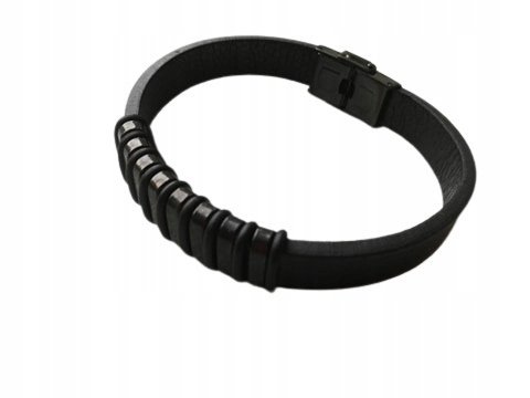 Prosta Skórzana Czarna Bransoletka Męska Stal Regu