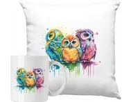 Gadżety dla niej i dla niego - ZESTAW PODUSZKA + KUBEK Sowa Sztuka Kolorowa Pomysł Na Prezent + IMIĘ - miniaturka - grafika 1