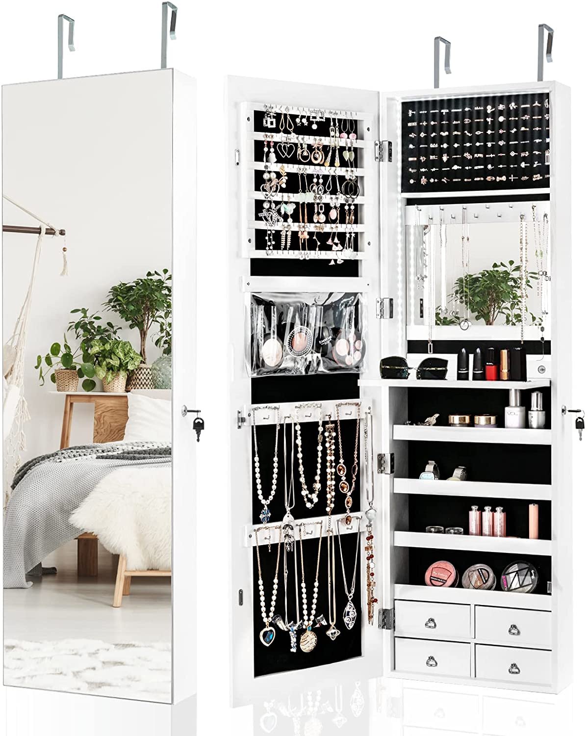 COSTWAY Szafka na biżuterię z oświetleniem LED, stojak na biżuterię z pełnowymiarowym lustrem, szafka na biżuterię z 4 szufladami, 4 półki na biżuterię i kosmetyki, drzwiczki i szafka ścienna (biała)