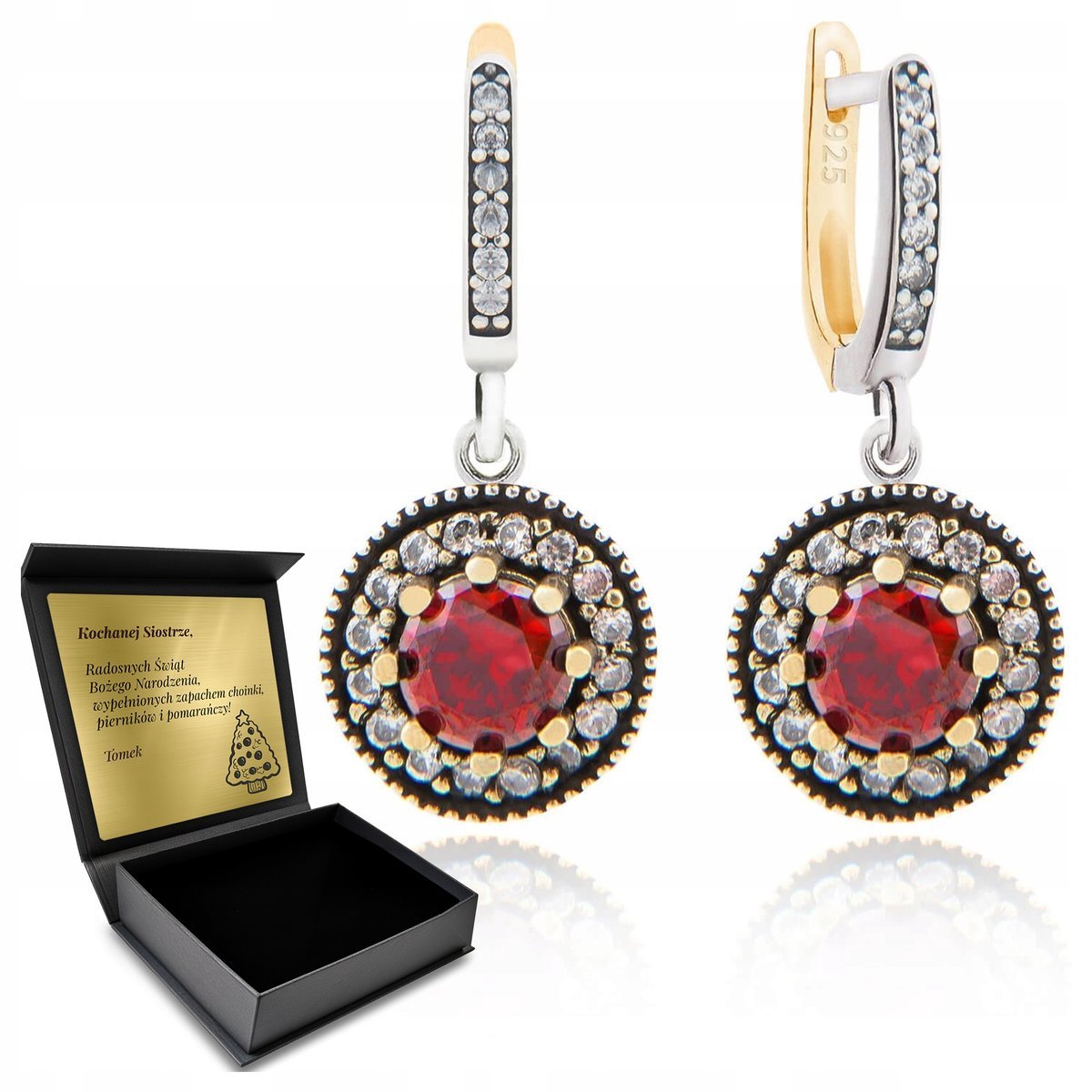 Kolczyki Srebrne 925 Z Cyrkoniami I Granatem Dla Kobiety + Grawer
