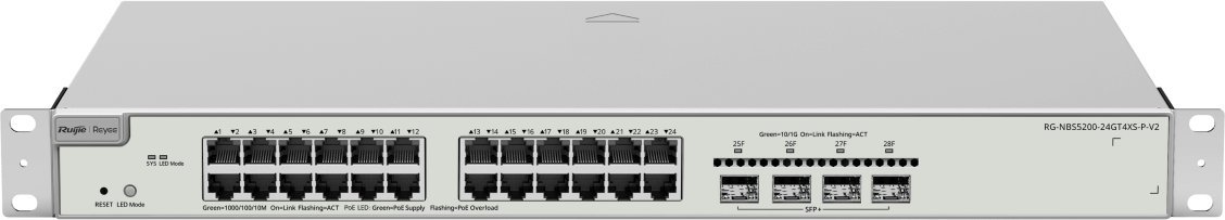 Ruijie Networks Switch Reyee Ruijie Reyee RG-NBS5200-24GT4XS-P-V2 Switch Zarządzalny, 28 portów, 24xGE, 24xPoE, 370W, 4xSFP+, Rack, L2+, Cloud