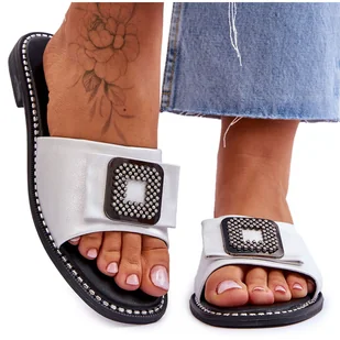 Damskie Skórzane Klapki Z Dżetami S.Barski KV-2775-33 Srebrne srebrny - Klapki i japonki damskie - miniaturka - grafika 1