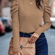 Bluzki damskie - TEMU Elegancka Bluzka Damska z Falbankami na Rękawach - Jednokolorowa Koszula z Okrągłym Dekoltem, Pranie w Praniu Maszynowym, Wszechstronna Koszula - miniaturka - grafika 1