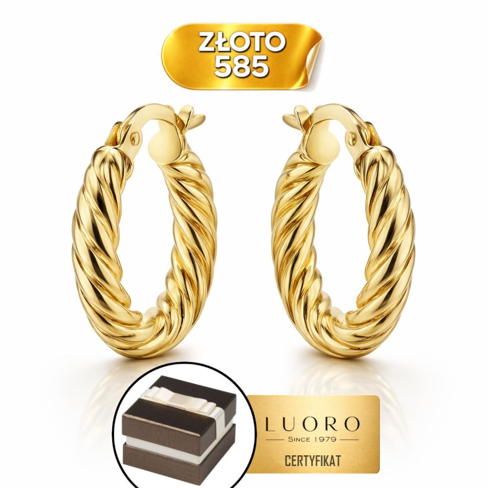 KOLCZYKI ZŁOTE 585 14K PLECIONE KOŁECZKA 16 MM ANGIELSKIE ZAPIĘCIE