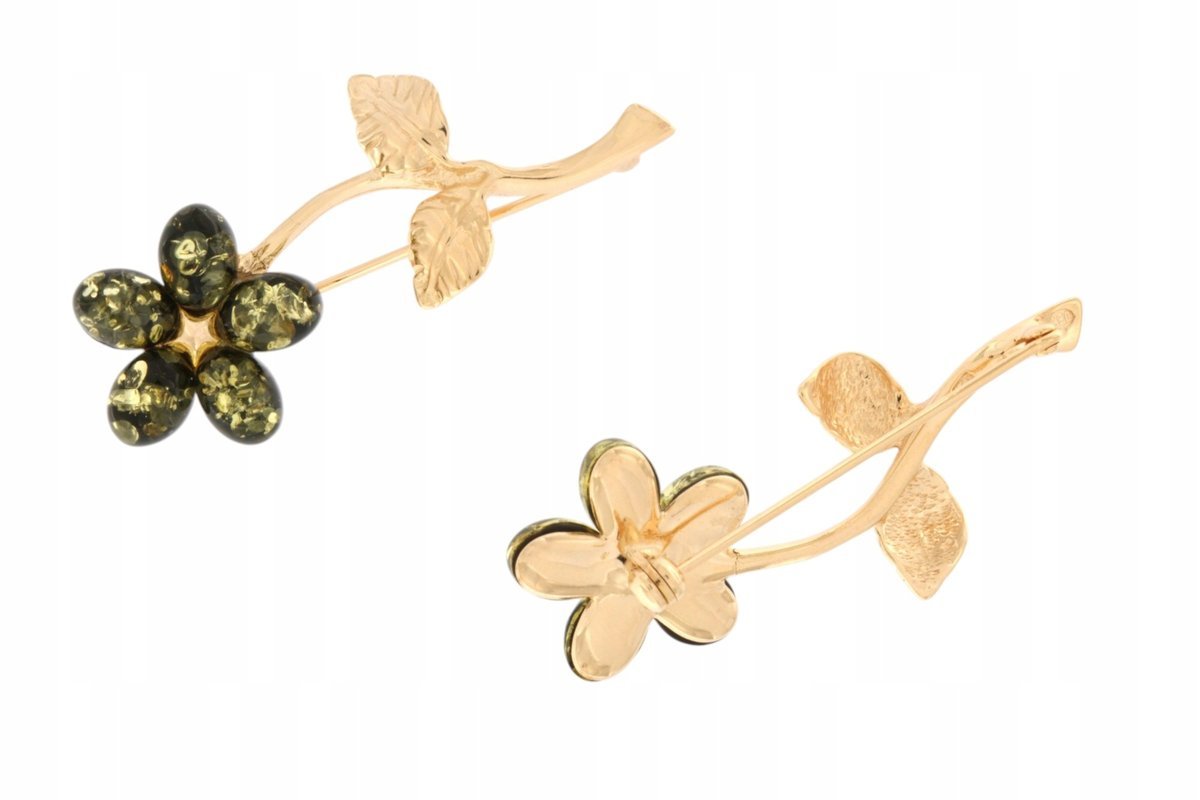 Duża srebrna broszka kwiat z bursztynem zielonym, pozłacana 24K - elegancja