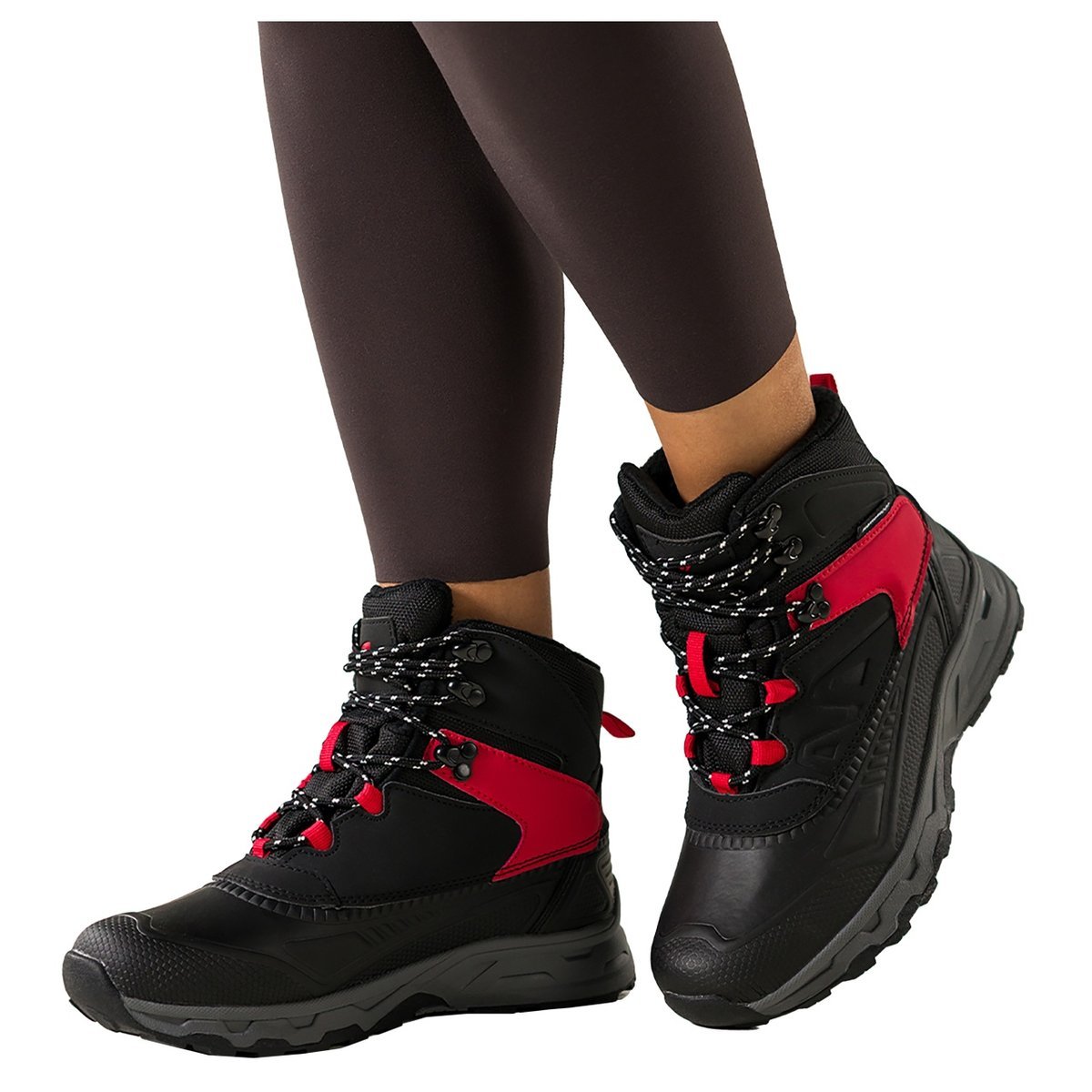 Czarne buty sportowe trekkingowe damskie wodoodporne na bieżnikowanej podeszwie sznurowane czerwone wstawki Casu 7688-6D-39