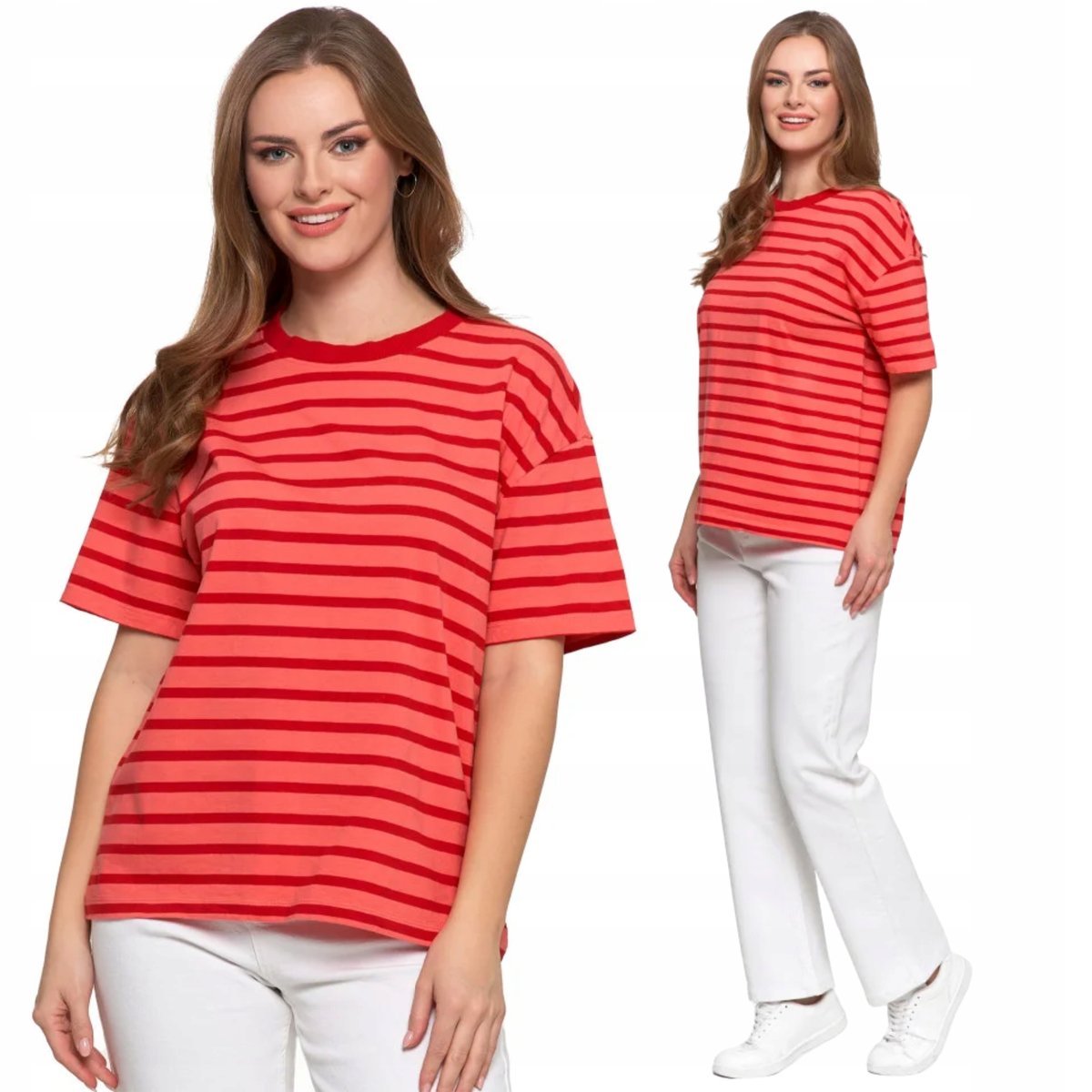 T-SHIRT DAMSKI KRÓTKI RĘKAW BAWEŁNIANY W PASKI LUŹNY WYGODNY MORAJ L RED