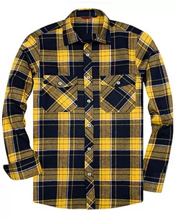 Koszule męskie - siliteelon Koszula flanelowa męska bawełniana koszula w kratkę Męska koszula z długim rękawem Regular Fit Casual Plaid Shirt, Żółty-czarny, L - grafika 1