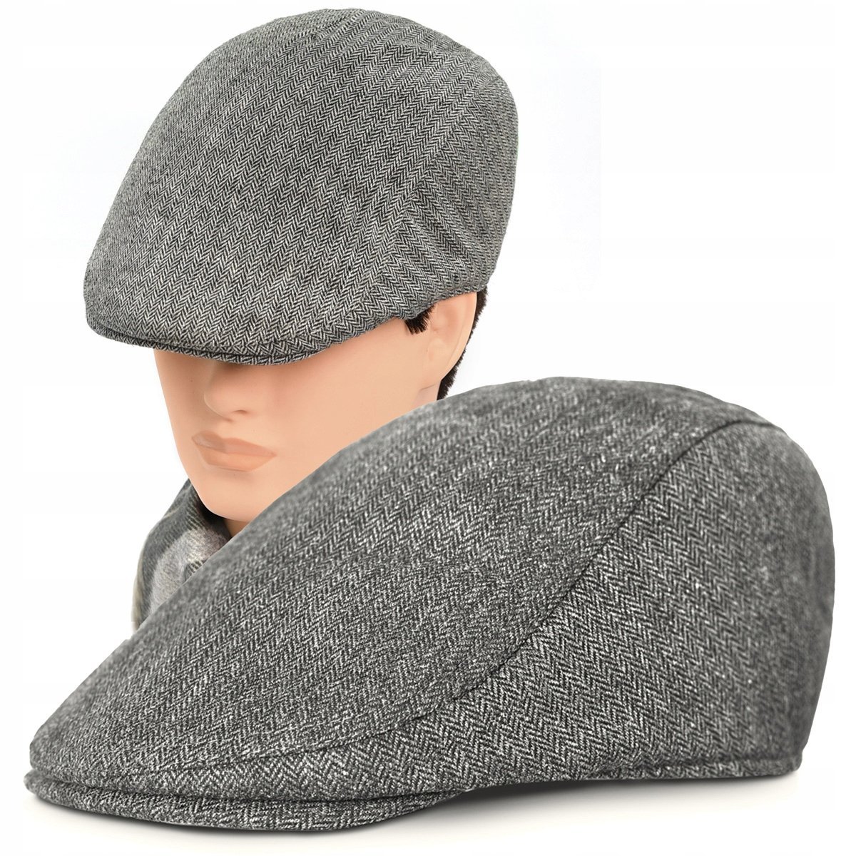 Kaszkiet Męski Zimowy Ocieplany Elegancka Czapka w Jodełkę 50% Wełny