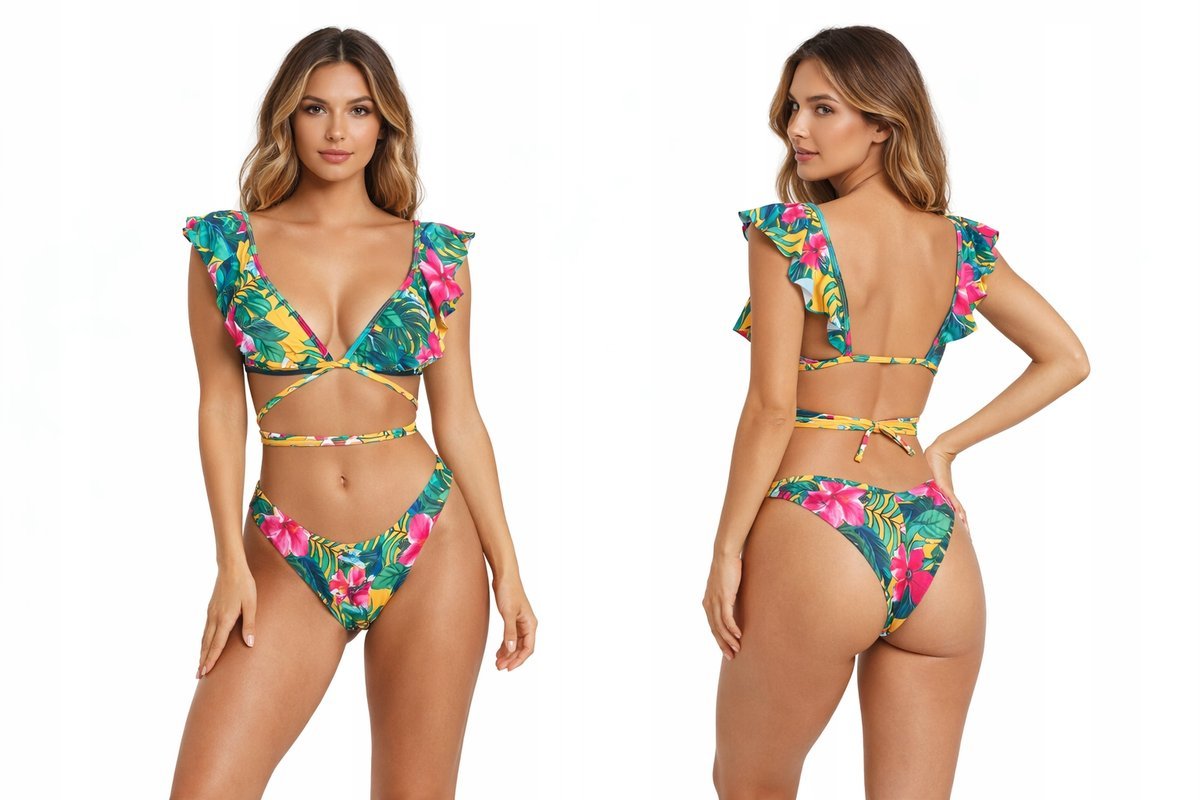DAMSKI STRÓJ KĄPIELOWY BIKINI KWIATY WIĄZANY FALBANKI MODNY 2-CZĘŚCIOWY