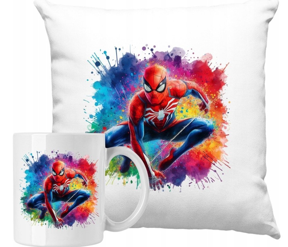 ZESTAW PODUSZKA + KUBEK Spider Man Kolorowy Pomysł Na Prezent + IMIĘ
