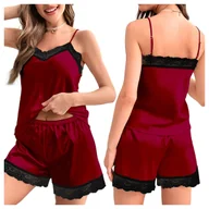 Piżamy damskie - Piżama satynowa dwuczęściowa z koronką - XL - miniaturka - grafika 1