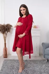 Bawełniany szlafrok z koronką dla kobiet w ciąży - bordowy - Bielizna ciążowa - miniaturka - grafika 1