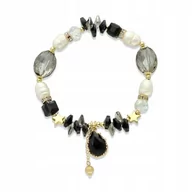 Bransoletki - Bransoletka pozłacana z czarnych kryształów i pereł słodkowodnych - miniaturka - grafika 1