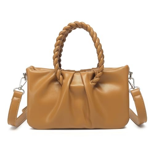 Miss Lulu Torba crossbody ze skóry PU z odpinanym regulowanym paskiem na ramię, mała torba z górnym uchwytem z tkanym uchwytem, Brązowy