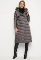 Kurtki damskie - Szara Długa Pikowana Kurtka Płaszcz z Kapturem i Ozdobnymi Suwakami Vlemika - miniaturka - grafika 1