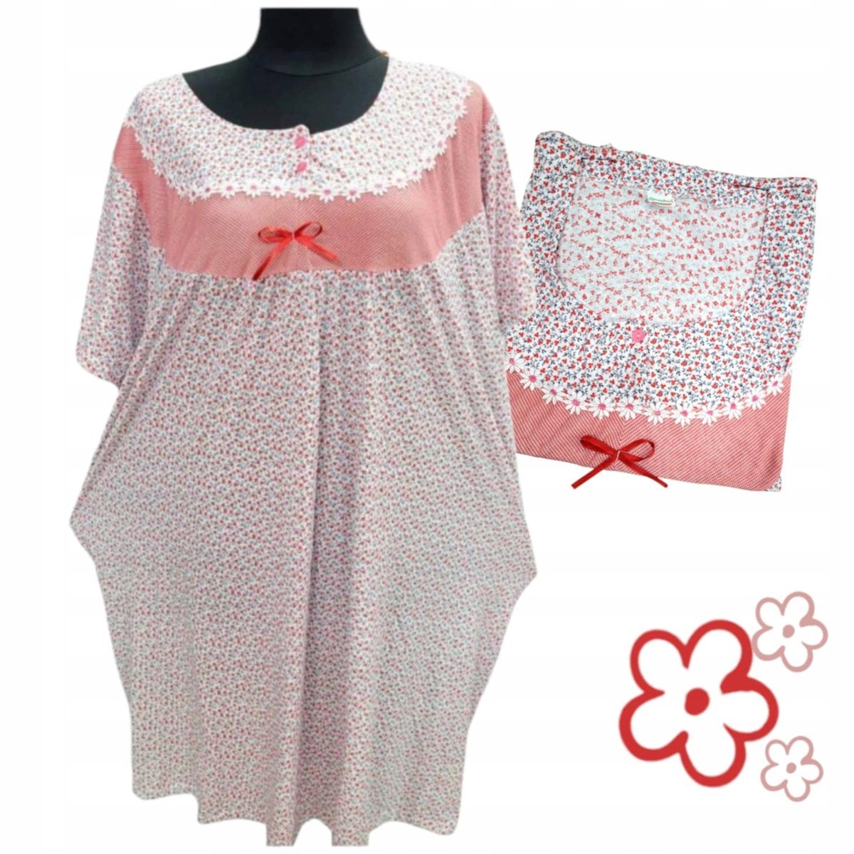 KOSZULA NOCNA BAWEŁNA 100% KWIAT prezent krótki rękaw czerwo 50 52 5XL 6XL