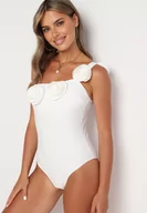 Stroje kąpielowe - Biały Asymetryczny Strój Kąpielowy Jednoczęściowy z Kwiatami 3D Xaniris - miniaturka - grafika 1