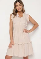 Sukienki - Beżowa Sukienka z Wiskozą o Rozkloszowanym Kroju Bez Rękawów Folerose - miniaturka - grafika 1
