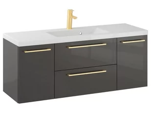 Szafka Wisząca Z Umywalką RON 120 cm D - Titan Wysoki Połysk - Uchwyty Złote Szczotkowane - Szafki łazienkowe - miniaturka - grafika 1