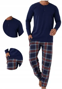 Męska piżama granatowa długi rękaw z guzikami i spodnie w kratę XL - Piżamy damskie Męska piżama granatowa długi rękaw z guzikami i spodnie w kratę XL - Piżamy damskie - miniaturka - grafika 1