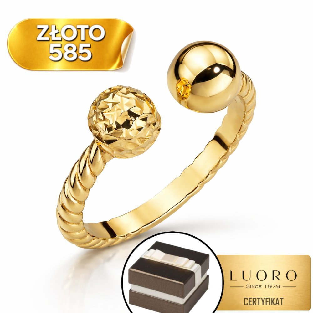 PIERŚCIONEK ZŁOTY 585 14K PLECIONY Z KULKĄ DIAMENTOWANĄ R24